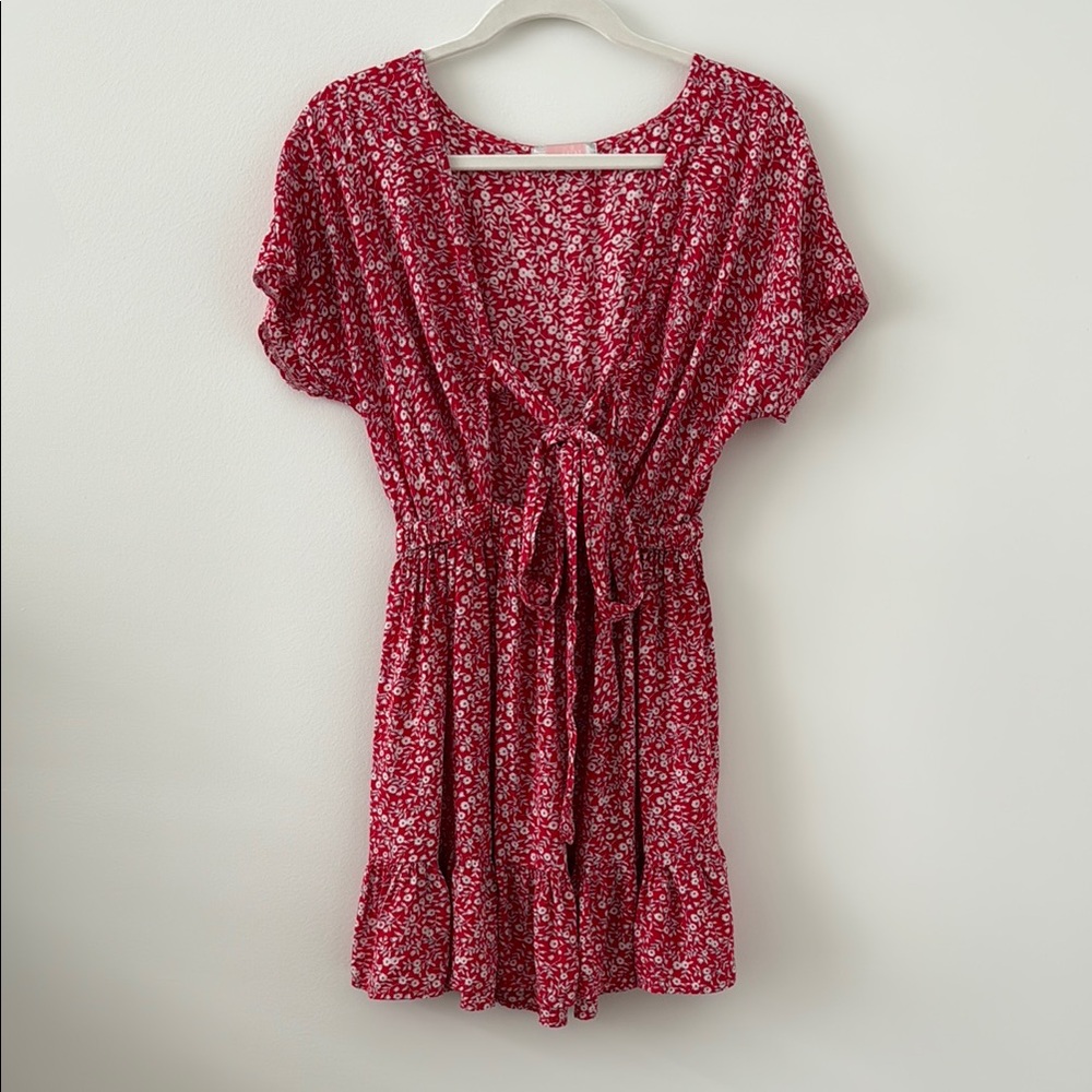 Floral Red & White Dress with Front Tie